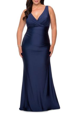 La Femme Simple Jersey Plus Size Gown with Faux Wrap Bodice in Navy at Nordstrom, Size 20W