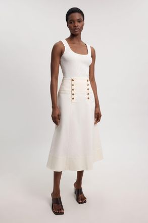 Karen Millen Womens Cotton Tailored Button Detail Midi Skirt - White - Size 16 UK