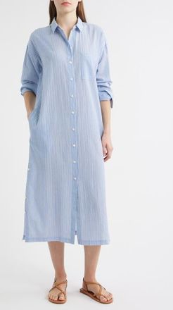 Alex Mill Kerry Stripe Long Sleeve Cotton Seersucker Midi Shirtdress in Blue/White at Nordstrom, Size X-Large