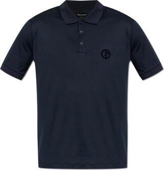 Giorgio Armani Polo shirt met een logo en fluwelen afwerking - Heren - Polos - Blauw - L - Katoen - Tops