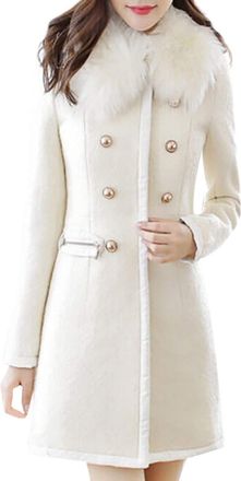 Generic Faux Fur Trim Collar Trench Coats for Women UK Artificial Woolen Coats Solid Colour Double-Breasted Long Jackets Long Sleeve Casual Work Coat Luxuriou