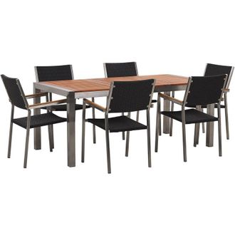 Beliani Conjunto De Comedor De Jard&iacute;n Mesa Con Tablero De Madera De Eucalipto 180 X 90 Cm Y 8 Sillas En Rat&aacute;n Sint&eacute;tico Negro Grosseto
