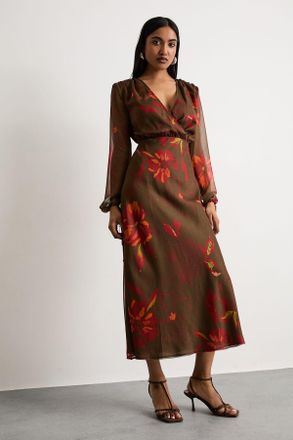 Warehouse Womens Printed Shoulder Pad V Neck Tie Detail Midi Dress - Brown - Size 16 UK
