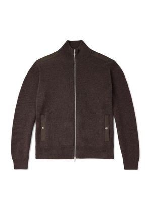 Brunello Cucinelli Cotton Twill-Trimmed Ribbed Cashmere Zip-Up Cardigan