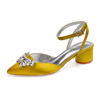 Generic Heels Wedding Shoes Pointed Toe Slingback Bridal Low Block Heels Comfortable Prom Evening Formal Party Shoes 4.5Cm,Yellow,5 UK
