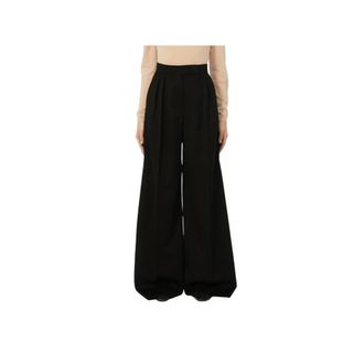 Max Mara Broeken, Dames, Zwart, M, Leer, High-Waisted Wide-Leg Pleated Broeken