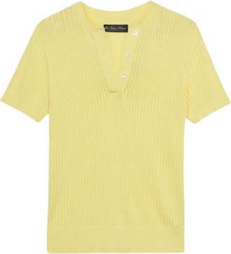 Brooks Brothers Pointelle Viscose Henley Knit Polo - Dames - V-hals truien - Geel - M - Truien & Vesten