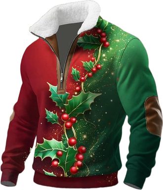 Generic Christmas Jumpers for Men 1/4 Zip Fleece Ugly Christmas Sweatshirt Mens Long Sleeve Snowflakes Printed Xmas Jumper Pullover Winter Thermal Warm Xmas S