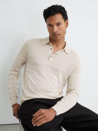 Reiss Ecru Check-texture Long-sleeve Polo Jumper With Wool, Xxl