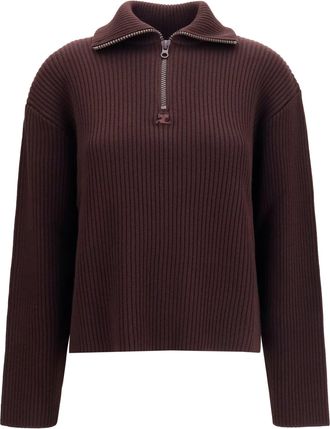 Courr&egrave;ges Womens Ribbed Zip Sweater Burnt Red Merino Wool