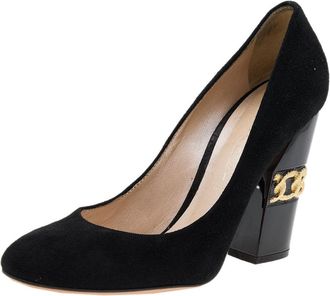 Casadei Black Suede Chain Block Heel Round Toe Pumps