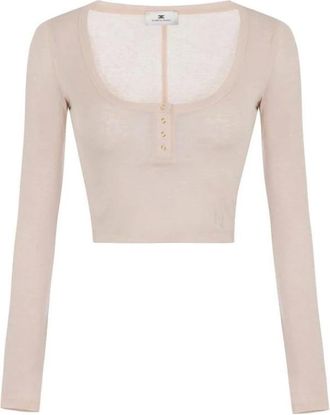 Elisabetta Franchi Overhemden, Dames, Beige, XS, Wol, Top met Lange Mouwen en Knopen