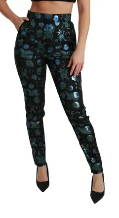 Dolce & Gabbana Blue Green Floral Metallic Slim Womens Pants