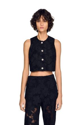 Sandro Embroidered guipure crop top in Black at Nordstrom, Size X-Small