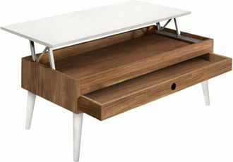 HOGAR 24 Alice Mesa Centro Elevable Madera Maciza con Cajón Deslizante Cera y Blanco