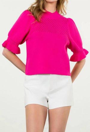 THML Clothing Pointelle Knit Puff Sleeve Top In Magenta
