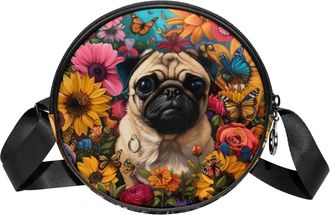Generic Circle Crossbody Bag for Women, Pug Dog Flowers Small Sling Bag Daypack with Zipper Adjustable Shoulder Straps Casual Ladies Girls Round Purse
