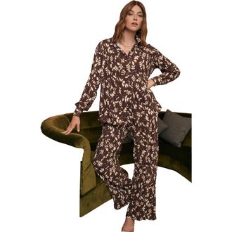 Jessica London Plisse Button-Front Blouse in Rich Brown Vines at Nordstrom, Size 26
