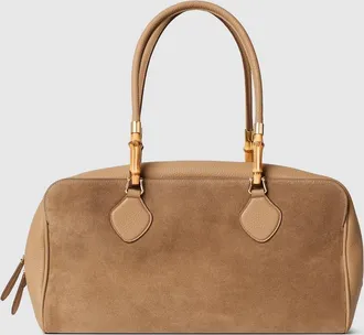 Gucci Large Boston Bag With Bamboo, Beige, Suede