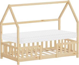 ML Design Ml-design Cama Infantil 80x160 Cm Natural Forma De Casa Con Colch&oacute;n, Protecci&oacute;n Antica&iacute;da, Techo Y Somier, De Madera Maciza De Pino, Lecho Doble Monte