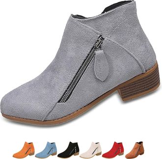 Generic Womens Suede Chunky Heel Walking Ankle Boots with Side Zipper, Wide Fit Pointed Toe Low Heel Shoes Comfortable Non-Slip Walking Boot (6.5,Gray)