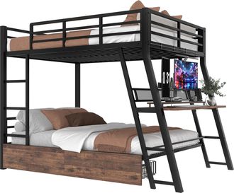 STILVORA Cama Alta 140 X 200 Cm Con Escritorio, 2 Cajones, Led Regulable Y Barandilla, Sin Colch&oacute;n, De Metal, Negro
