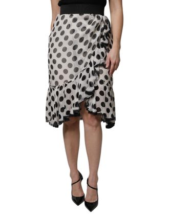 Dolce & Gabbana Womens Polka Dot Ruffle Midi Wrap Skirt - White Silk - Size EU 36 (Womens)