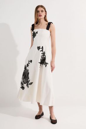 Karen Millen Womens Viscose Linen Placed Floral Lace Embroidered Strappy Midi Dress - White - Size 16 UK