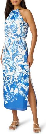 Adrianna Papell Print Blouson Bodice Sleeveless Maxi Dress in Ivory/Blue at Nordstrom, Size 10