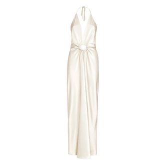 Simona Corsellini Gowns, female, White, Size: XS Satin Long Dress with Deep V, Metal Plate and Gold Bracelets