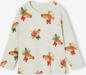 Vertbaudet Jungen Weihnachts-Shirt mit lustigem Print weiß meliert