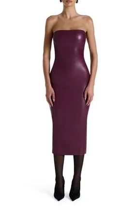 Naked Wardrobe Strapless Faux Leather Body-Con Midi Dress in Burgundy at Nordstrom Rack, Size Large