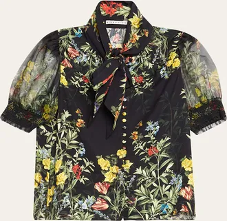 Alice & Olivia Brentley Tie-Neck Floral Blouse
