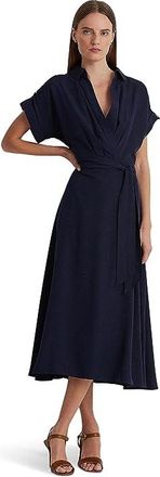 Lauren Ralph Lauren Belted Crepe Dress Womens Clothing Lighthouse Navy : 10, Polyester