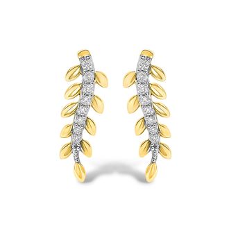 House of Brilliance 14K Yellow Gold 1/10 Cttw Diamond Leaf Drop Stud Earrings