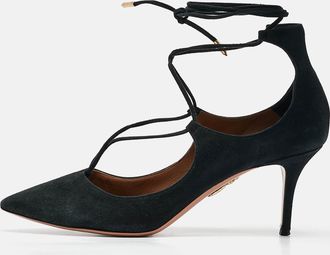 Aquazzura Black Suede Pointed Toe Ankle Wrap Pumps