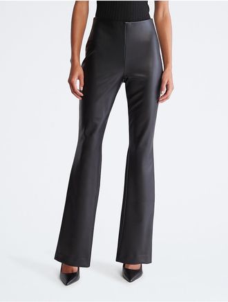 Calvin Klein Womens Faux Leather Flared Pants - Black - XS