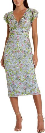 Mac Duggal Beaded Mesh V Neck Flutter Cap Sleeve Midi Dress