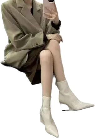 Generic GLDFW Pointed Toe Short Boots Womens Autumn Winter High Heel Short Boot Slope Heel Slim Boot Synthetic Leather Rubber Off-White