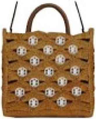 Paco Rabanne Kleine Raffia Tote Bag met Kenmerkende 1969 Schijven - Dames - Handtassen - Bruin - ONE Size - Leer - Tassen