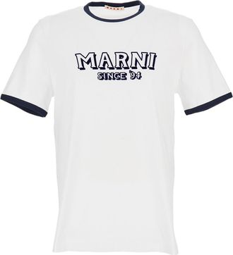 Marni Crew Neck T-Shirt with Front Logo and Ribbed Accents