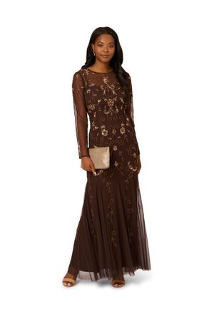 Adrianna Papell Womens Studio Bead Long Sleeve Dress - Brown - Size 8 UK