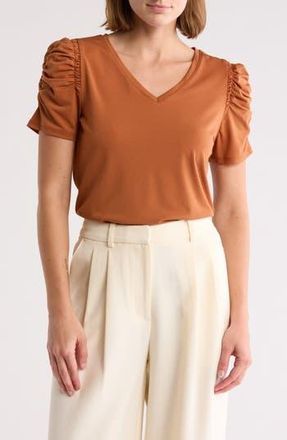 T Tahari Ruched Sleeve V-Neck T-Shirt in Wild Honey at Nordstrom Rack, Size X-Small