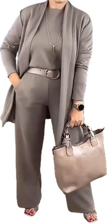 Generic Elegant Longline Cardigan, Top, Pants 3-Pieces Set, Solid Formal Wide Leg Pant Suits, 3 Piece Travel Outfits for Women (Light Brown,S)