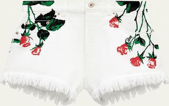 Loewe Flower-Print Fringed Peekaboo Denim Shorts