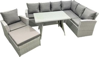 Fimous Fimous 8 Seater Garden Outdoor Rattan Furniture Set Rattan Corner Sofa Oblong Dining Table with Armchair Big Footstool Light Grey Mixed