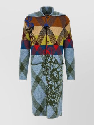 Dries Van Noten wool alpaca oversized knee-length shawl-collar patchwork-intarsia cardigan