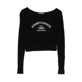 Elisabetta Franchi Round-neck Knitwear, female, Black, Size: XL Knit top with printed logo