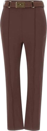 Elisabetta Franchi Broek van technische bi-elastische stof met riem - Dames - Slim Fit Broeken - Bruin - L - Polyester - Broeken