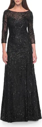 La Femme Beautiful Beaded Long Dress with Illusion Sleeves in Black at Nordstrom, Size 6